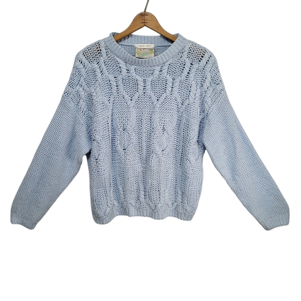 Vintage C.S.L. Cherry Stix Limited Blue Hand Knit Cable Knit Sweater Size L Flaw